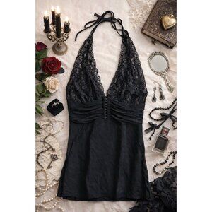 Y2k Vintage Women's Black Beaded  Halter Tie Tank Top Wild Cat Shirt Small Club